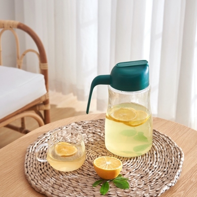 Y19-2901 Cold Water Bottle Transparent Thickened Juice Jug Glass with Lid Automatic Opening and Closing Glass Water Pitcher