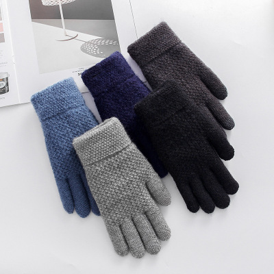 Touch Screen Gloves Men's Winter Thickened Velvet Students Knitted Wool Play Mobile Phone Warm Cycling Foreign Trade Gloves Wholesale
