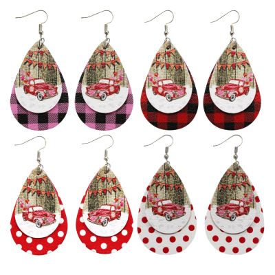 Valentine's Day Car Love Double Layer Water Drop Earrings Leather PU Christmas Plaid DIY Amazon Cross Border