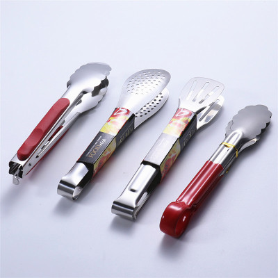 Stainless Steel Three-Wire Fine Card Food Clip Thickened 9-Inch 12-Inch Food Clip Bread Clip Red Sealant Red Handle BBQ Clamp