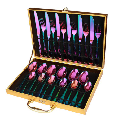 High-End Series Stainless Steel Tableware 24-Piece Set Wooden Box Tableware Set 6-Person Steak Knife, Fork and Spoon Gift Box