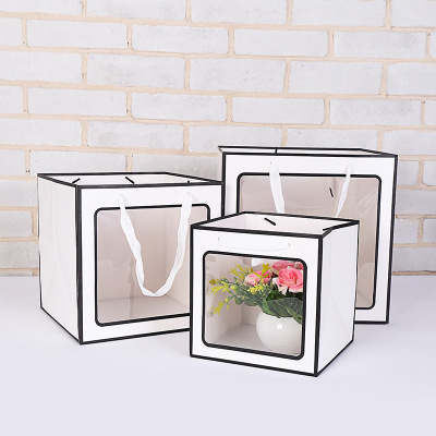 Thickened Square Packaging Bag Flowers Wedding High-End Wide Bottom Gift Bag Potted Window Transparent Hand-Held Paper Bag