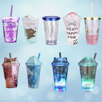 Manufacturers direct double plastic straw cups 16OZ flat lid straw cups 450ml luminous double straw cups