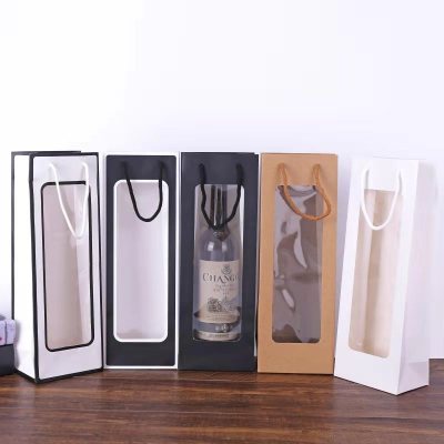 New Style Kraftpaper Single Bottle Wine Bag Window Transparent Wine Bag Rectangular Gift Bag Flower Handbag Customization