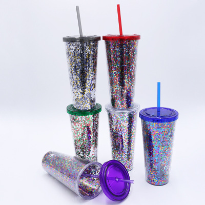 The manufacturer customized the new portable straw water cup 450ML plastic water cup luminescent gold powder creative cup