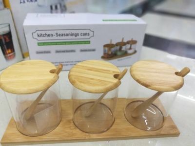 High Borosilicate Glass Sealed Can Moisture-Proof Storage Tank Spice Jar Bamboo and Wood Tray Combination Seasoning Storage