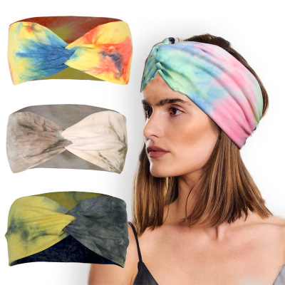 European and American Cross-Border Hot Selling Handmade Tie-Dye Fabric Cross Hair Band Hair Accessories Women's Yoga Running Sports Hair Band Customization