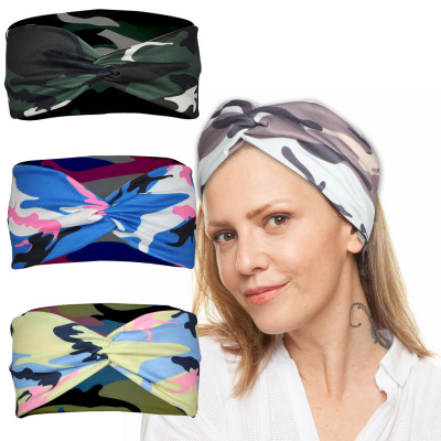 Cross-Border New Hijab Sports Yoga Sweat Hair Band Ms. Knot Cross Camouflage Printing Hair Band Headband Hair Accessories