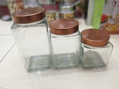 Square Storage Bottle Glass Jar Silver Cover Gold Cover