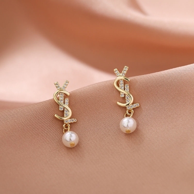 925 Silver Needle Korean New Elegant Net Red Letter S Simple Pearl Earrings High Sense Diamond Set All-match Earrings Female