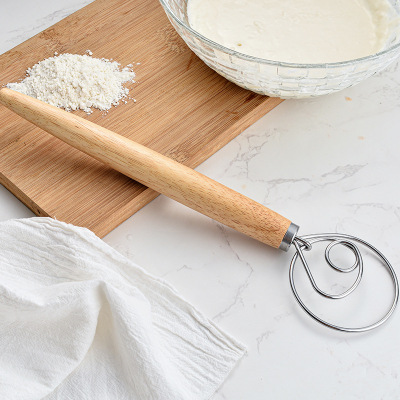 13-Inch Oak Handle Powder Feeder Flour Coil Blender Dough Mixer Rolling Pin Stainless Steel Baking Egg Beater
