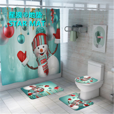 STAR MAT Christmas Festival Series Four-Piece Floor Mat Shower Curtain Waterproof Three-Piece Floor Mat Bathroom Curtain