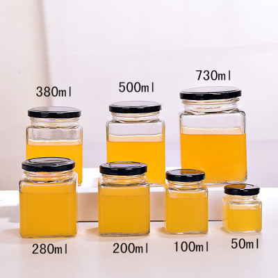 50ml-730Ml Square Honey Bottle Jam Bottle Pickles Bottle Empty Glass Bottle Sealed Cans Spot