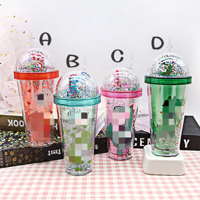 Small Dinosaur Unicorn Double Plastic Straw Cup Transparent Glittering Powder Quicksand Starry Water Cup TikTok Celebrity Inspired Cup