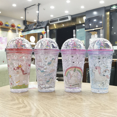 Bailiyou Unicorn Broken Ice Cup Straw Cup Female Student Cute Summer Double Plastic Cup Drink Cup