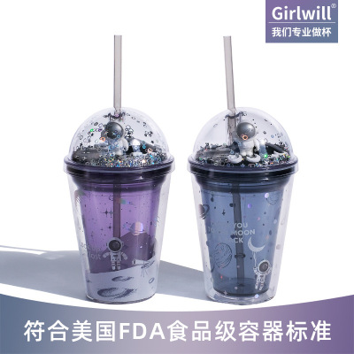 Girlwill Interstellar Double-Layer Cup with Straw Creative Gifts Custom Plastic Cups Children's Cute Cups