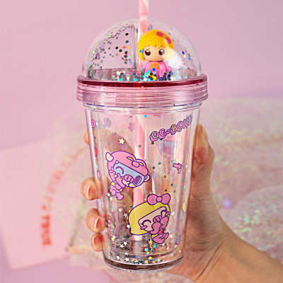 Girlwill Integrated Cartoon Cup with Straw Cute Children's Water Cup Bubble Cup Custom Plastic Cup Summer Cup