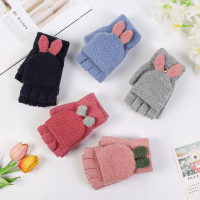 Cartoon Cute Gloves Rabbit Ears Flip Gloves Autumn and Winter Women's Half Finger Gloves Warm Fashion Outdoor Gloves