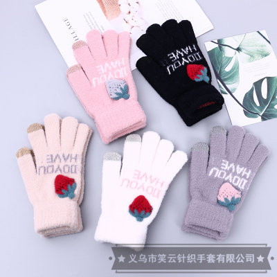 Cartoon Strawberry Cute Ins Girl Heart Touch Screen Wool Knitted Autumn and Winter Riding Warm with Velvet Five Finger Gloves
