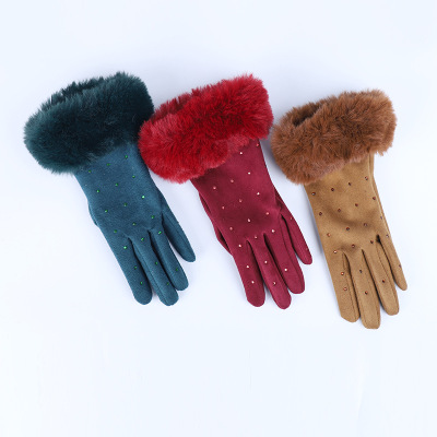 Women's Winter Gloves Winter Gloves Touch Screen Korean Style Wool Rabbit Fur Full Finger Warm Gloves
