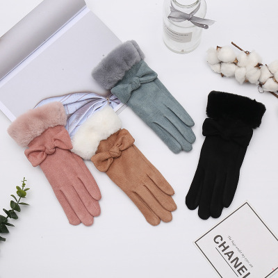 Women's Winter Suede Gloves Fashion Bow Fur Mouth Gloves Outdoor Riding Driving Warm Gloves