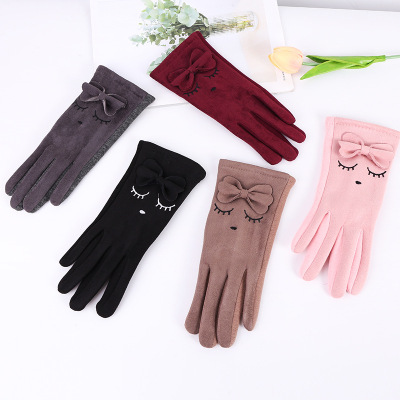 Autumn and Winter Full Finger Cute Fleece Touch Screen Warm Gloves Hand Back Suede Palm Cloth Velvet Gloves Spot