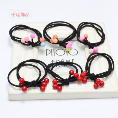 Three-in-One Red Bead Hair Band Simple and Fresh Knotted Black Hairtie High Elastic Colorful Beads Rubber Band Wholesale