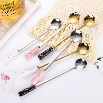 Ceramic Long Handle Spoon for Stirring Stainless Steel Coffee Spoon Creative Mug Spoon Black Gold Dessert Spoon Scented Tea Spoon