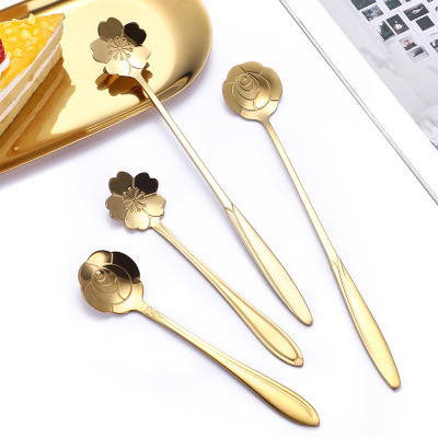 Creative Stainless Steel Small Spoon Japanese Flower Coffee Spoon Gold Plated Rose Long Handle Stirring Spoon Bird's Nest Gift Spoon