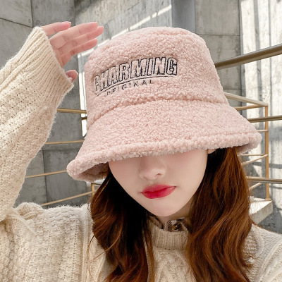 Letters Hat Female Ins Soft Girl Cute Lamb Fur Bucket Hat Autumn and Winter All-Matching Pure Color Warm Keeping Plush Bucket Hat