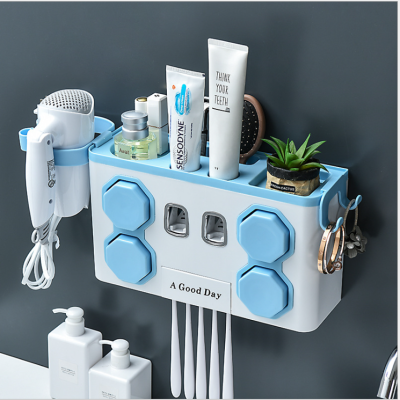 Net Red Toothbrush Storage Rack Set Hole-Free Automatic Toothpaste Bathroom Toothbrush Holder Wall-Mounted Four-Member Person