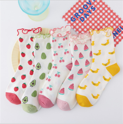New Style for Autumn and Winter Avocado Fruit Lace Socks Japanese Cute Girl Socks Pure White Tube Students' Socks