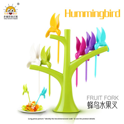 Origin Supply Rb227 Creative Hummingbird Fruit Fork Set Plastic Snack Fork Cake Label Home Decoration Gift