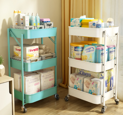Folding Trolley Baby Products Storage Rack Kitchen Floor Multi-Tier Movable Storage Bedroom Bathroom Storage Rack