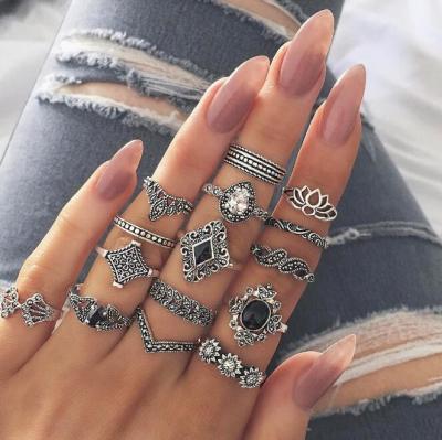 Cross-Border Ornament 15-Piece Ring Cool Fashion Hollow Lotus Sunflower Geometric Black Gem Set Ring