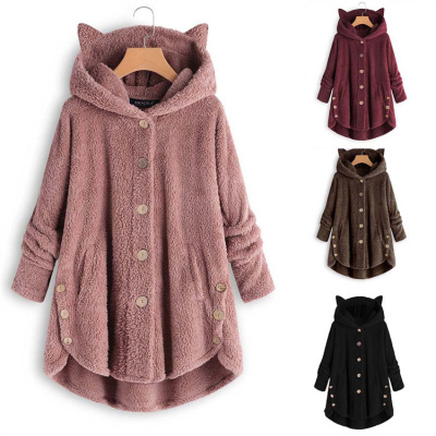 2019 Autumn and Winter Button Hooded Cat Eared Plush Shirt Irregular Popular Brand Solid Color Jacket Female