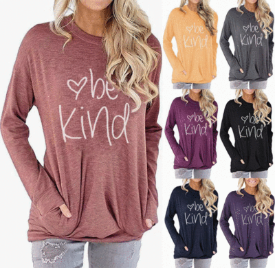 Amazon Autumn Hot Selling Women's Sweater Be Kind Printed Letter Bat Sleeve round Neck Long-Sleeved T-shirt