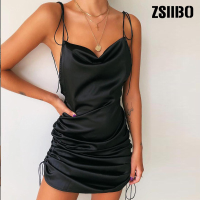 2020 CrossBorder Summer Hot Selling Silk Pure Color Sexy Dungaree Dress Nightclub Dress Women's