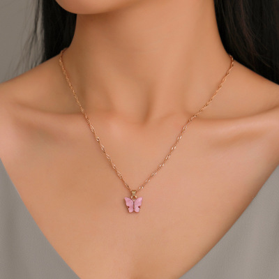 Korea Sweet Butterfly Necklace Acrylic Color Sweet Women's Allmatch Clavicle Chain Cool Network Red Trendy Necklace