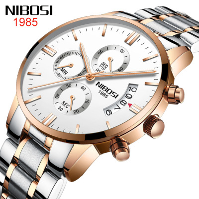 Nibosi Butterfly Snap Solid Steel Belt Men's Watch Waterproof Coated Glass Luminous Three-Eye 6-Pin Quartz Watch