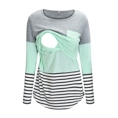 2020 New Wish Amazon European and American Foreign Trade Hot Striped Stitching Long-Sleeved Nursing Top T-shirt