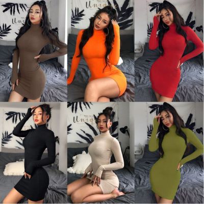 80372 Slim-Fit Turtleneck Long-Sleeved Hip Dress Female 2020 Autumn and Winter Home Solid Color Base Party Step Skirt