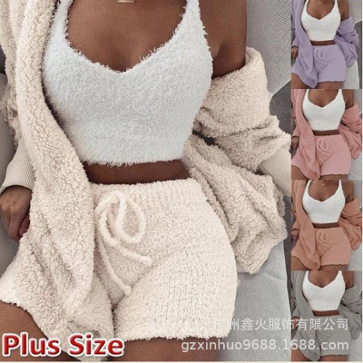 CrossBorder Women's Winter Plush Leisure Tops Casual 3Piece Pajamas LongSleeved Navel Vest Shorts Suit