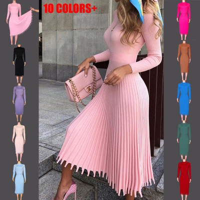 2020 CrossBorder Autumn and Winter Hot New Fashion Women's MidLength Sweaters Plain Pleated Dress