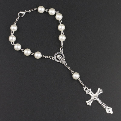 Cross-Border Hot Accessories Catholic Rosary Bracelet White Imitation Pearl Christ Cross Jesus Virgin Bracelet
