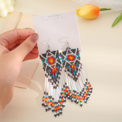 Europe and the United States Hand-Woven Bohemia Beads Long Earrings Korean Personality Tassel Acrylic Ear Pendant Ornament