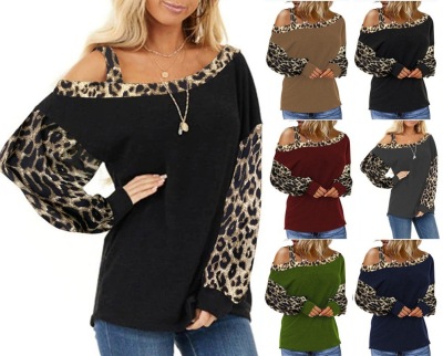 2020wish Autumn and Winter TBlood Women's New Cuff Stitching Loose Diagonal Collar LongSleeved Pullover Leopard Sweater
