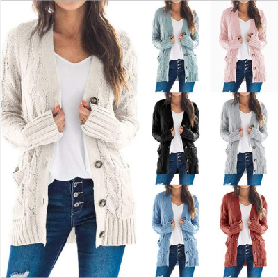 2020 New Style for Autumn and Winter Women's Casual Cardigan Coat Solid Color Linen Flower Color Button Cardigan Sweater