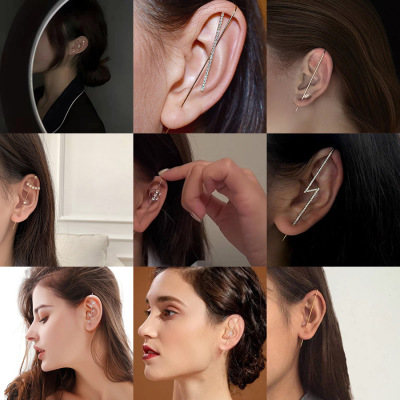 Zircon Earrings Piercing Women's HighEnd Earrings Women's Cool Design around the Auricle Ear Clip Oblique Line Ear Stud