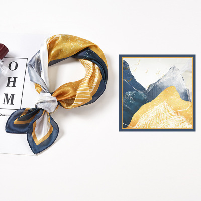 Satin Small Square New Style 53 Artificial Silk Scarf Mountains and Rivers Neckerchief Printed Scarf Generation Hair